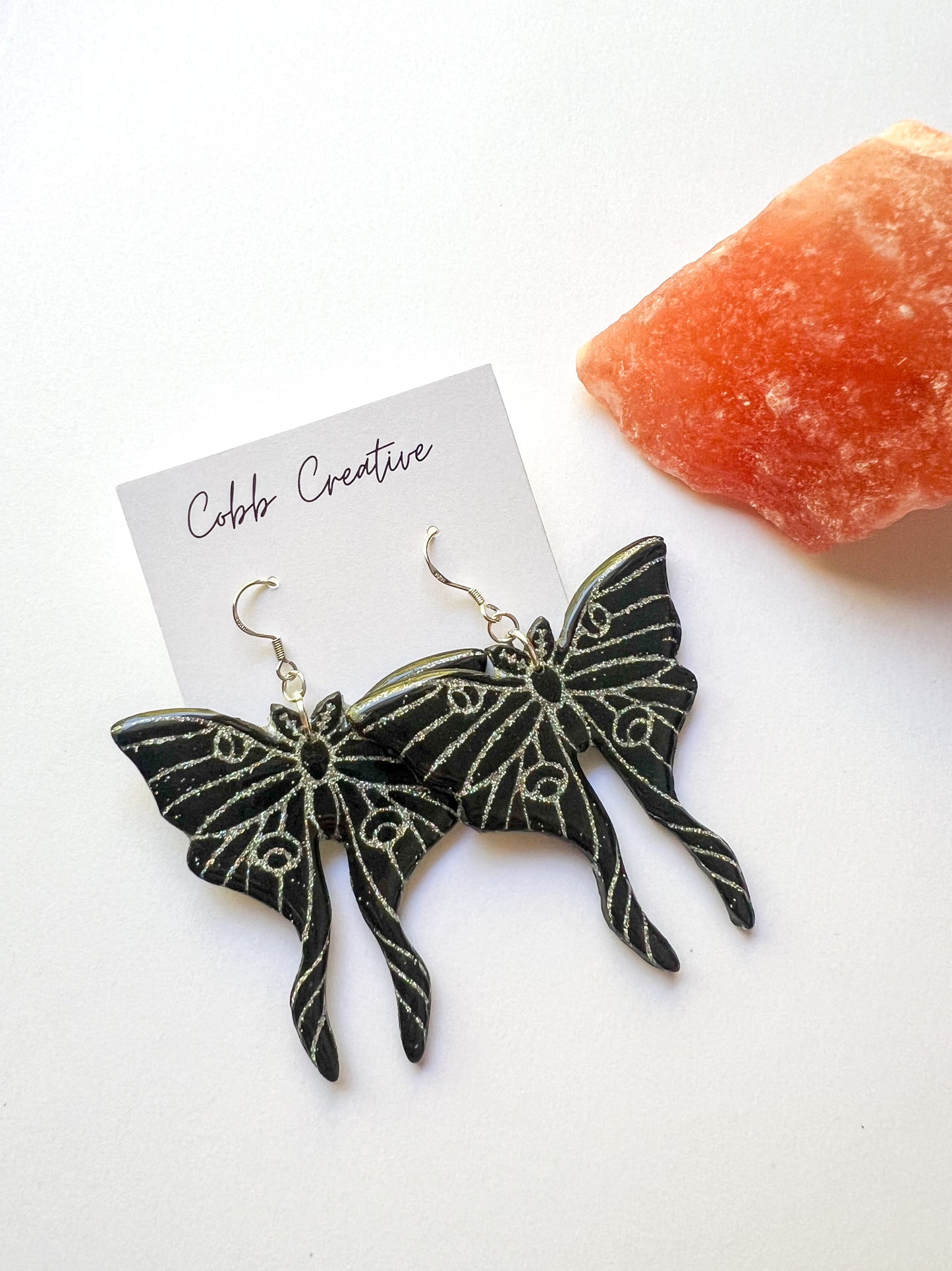 Silver Glitter Luna Moth Hook Earrings