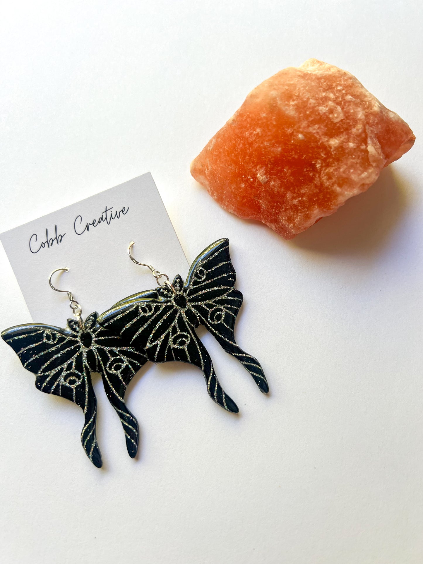 Silver Glitter Luna Moth Hook Earrings