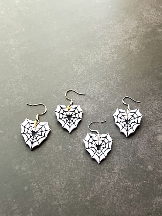 White Spiderweb Heart Hook Earrings