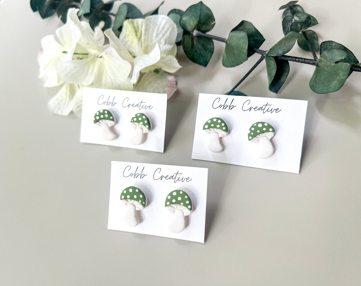 Green Mushroom Stud Earrings
