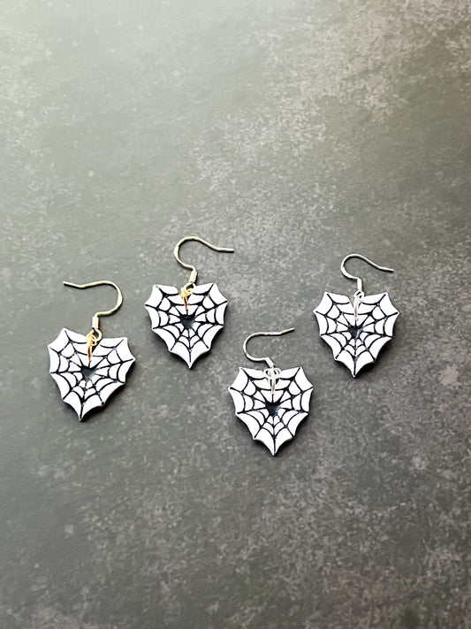 White Spiderweb Heart Hook Earrings