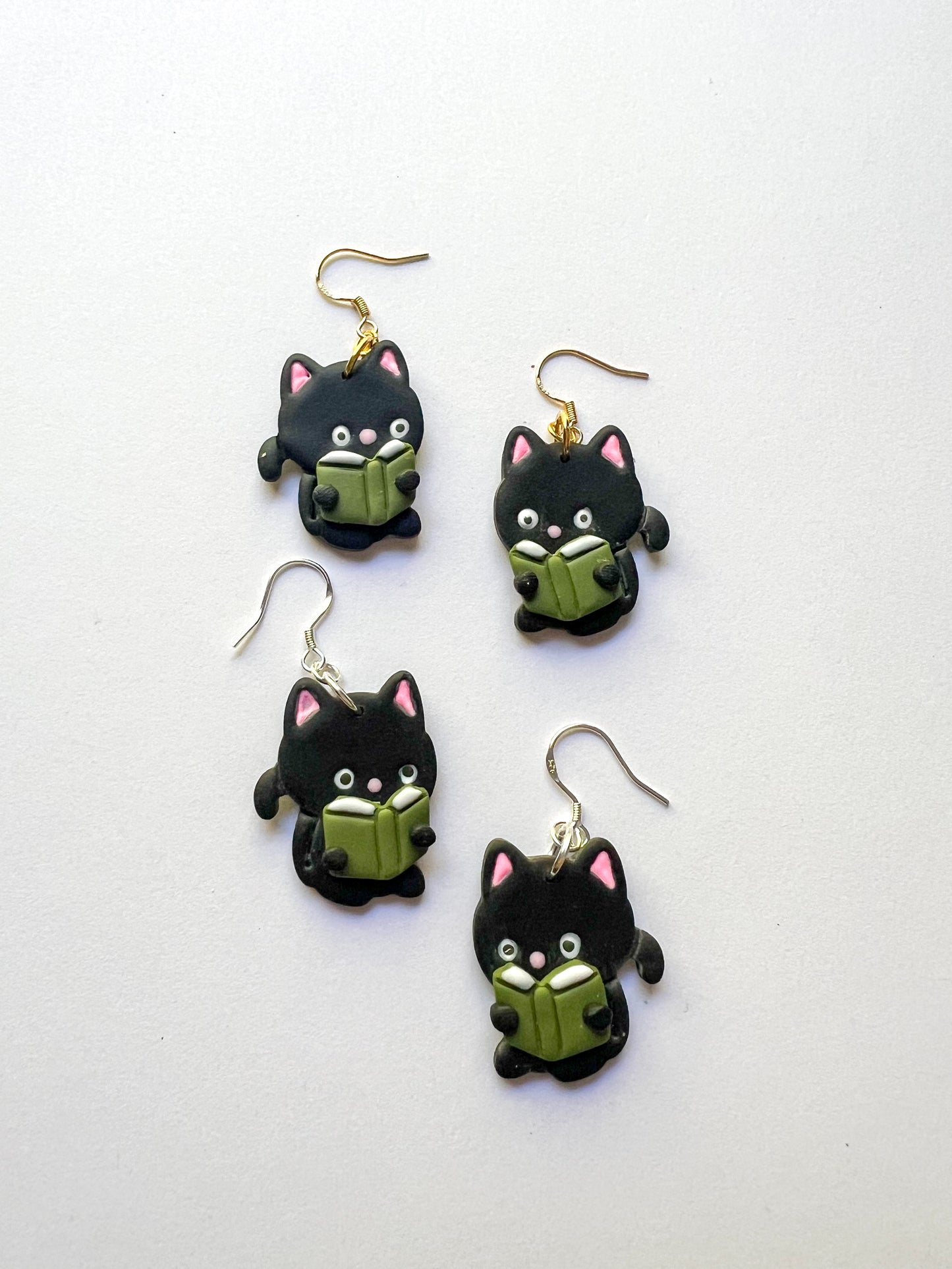 Black Reading Cat Hook Earrings