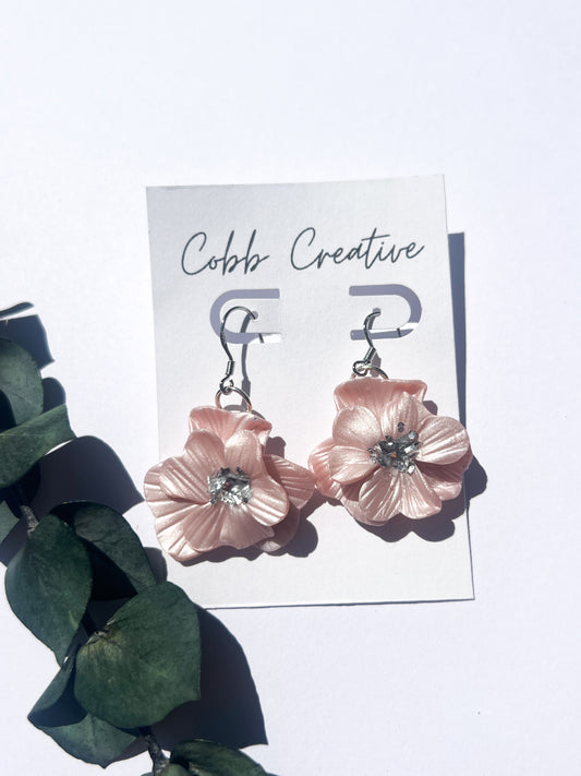 Metallic Pink Flower Hook Earrings