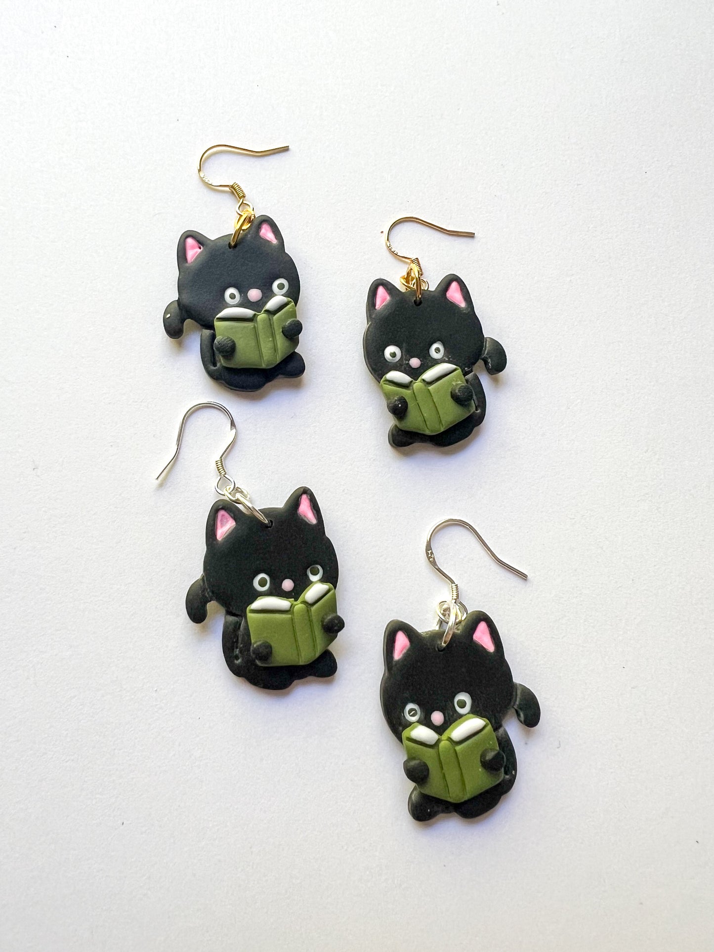 Black Reading Cat Hook Earrings