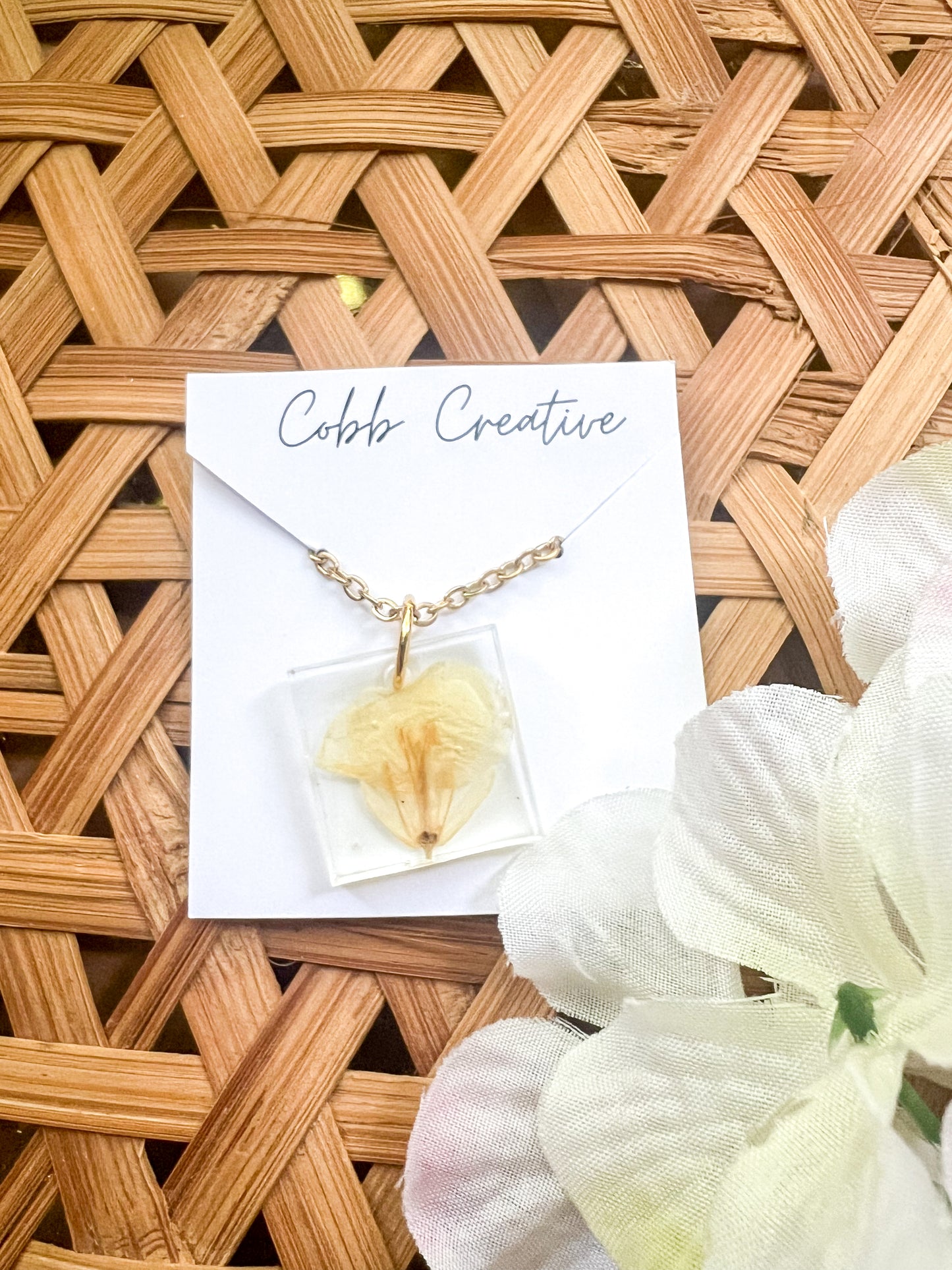 Neutral Square Pressed Flower Necklace