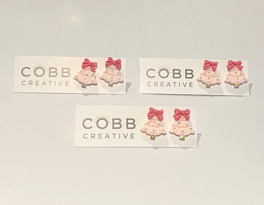 Pink Christmas Tree Stud Earrings