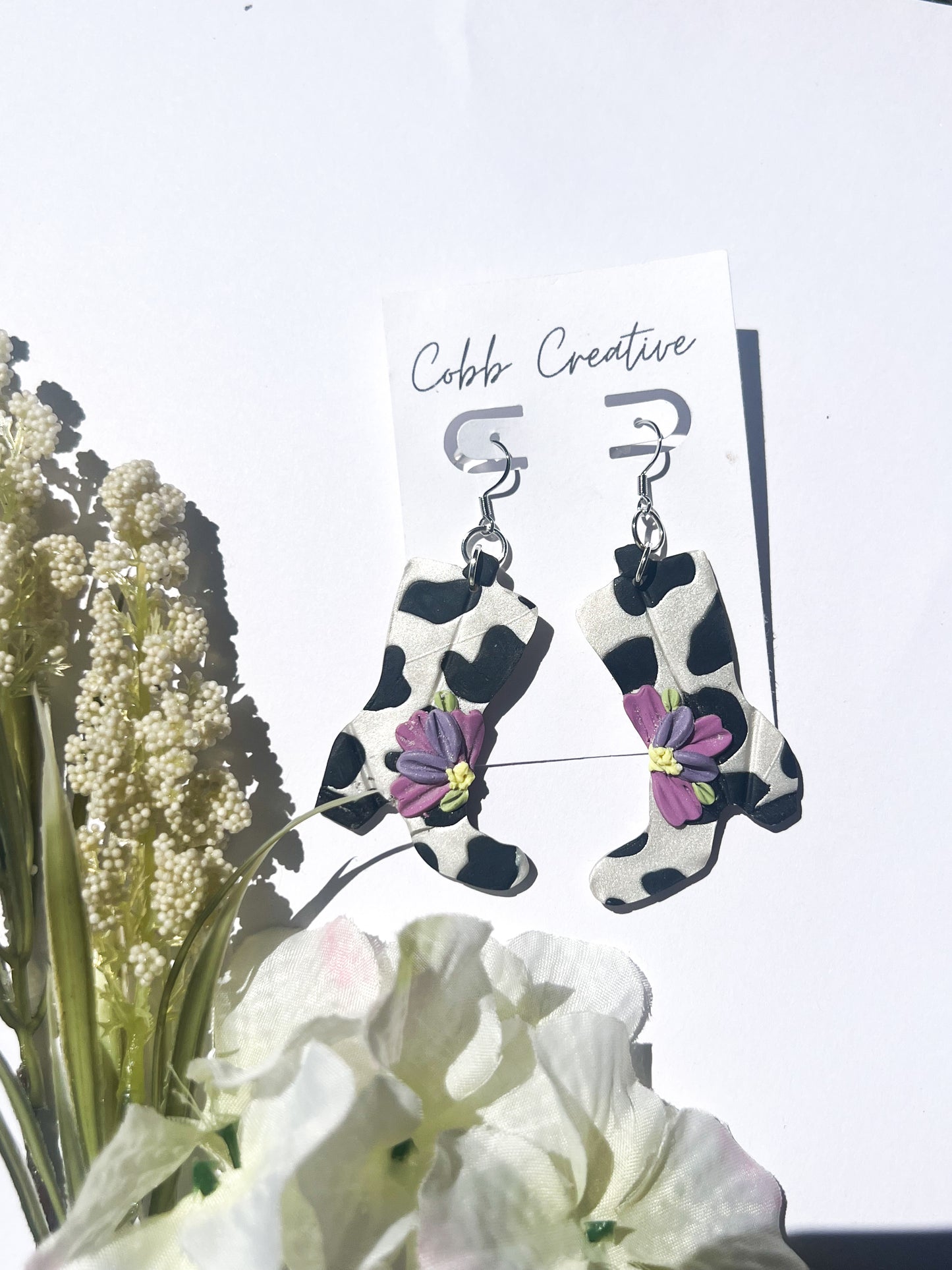 Cow Print Floral Boot Hook Earrings