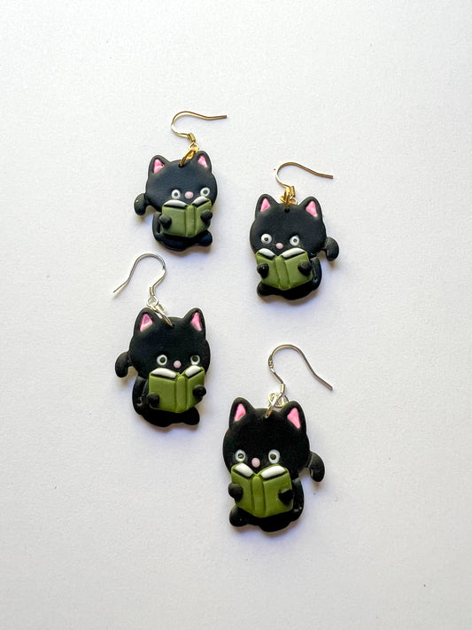 Black Reading Cat Hook Earrings