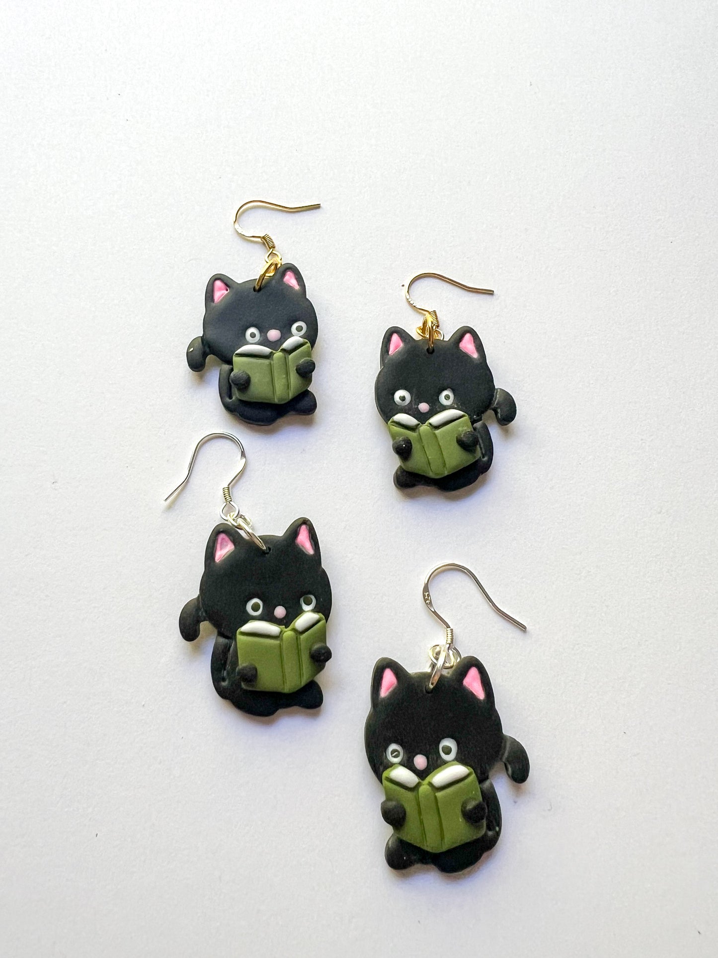 Black Reading Cat Hook Earrings