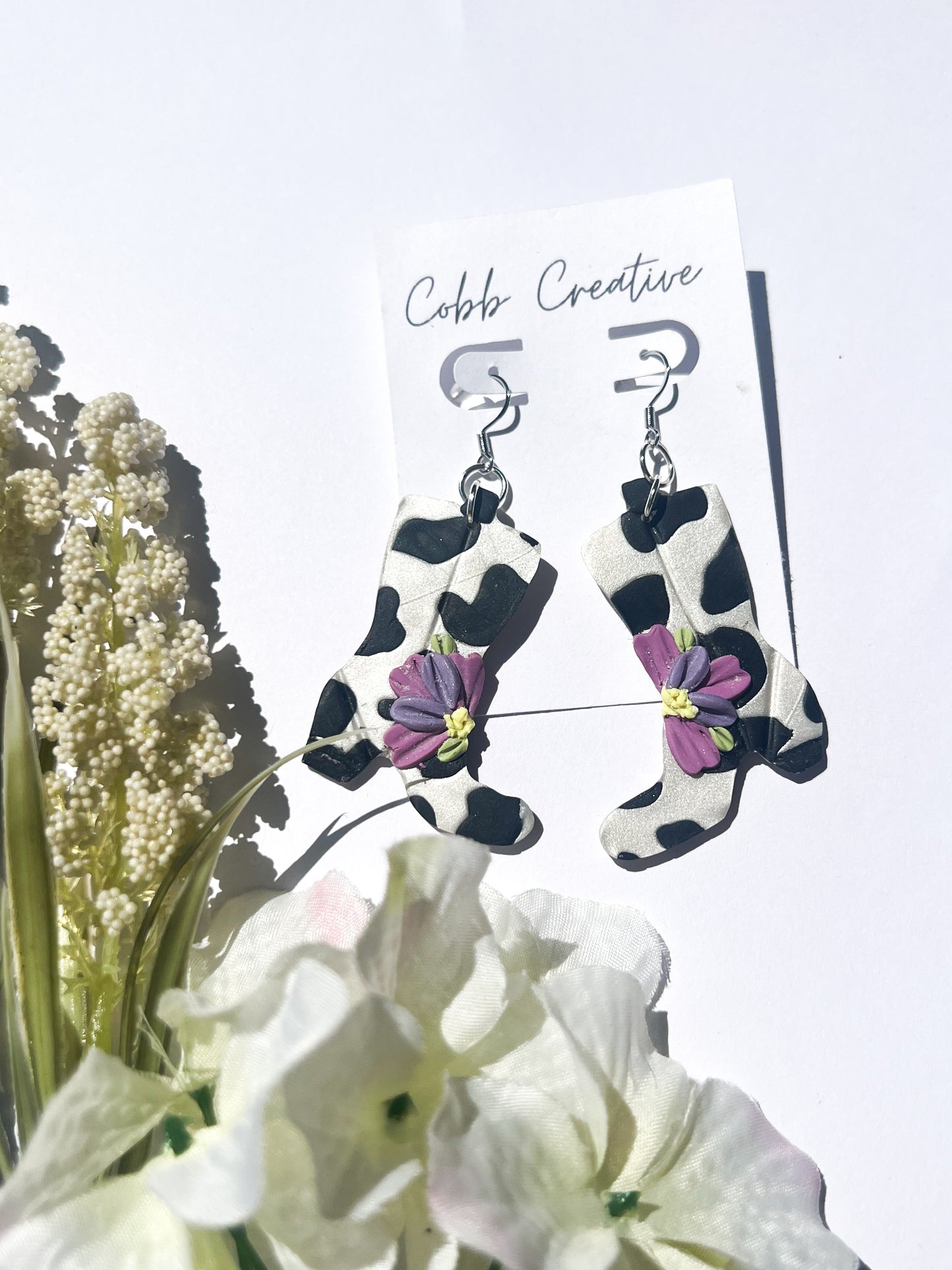 Cow Print Floral Boot Hook Earrings