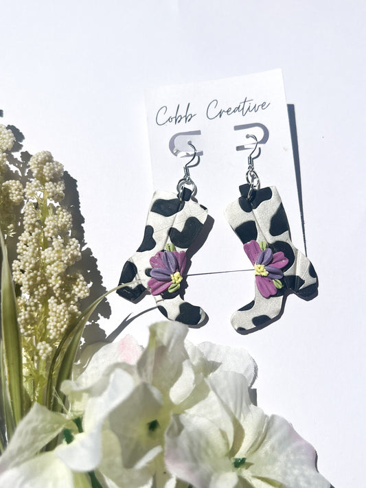 Cow Print Floral Boot Hook Earrings