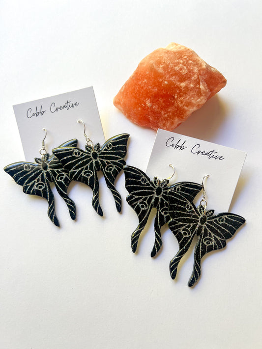 Silver Glitter Luna Moth Hook Earrings