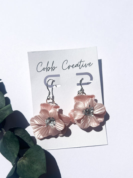 Metallic Pink Flower Hook Earrings